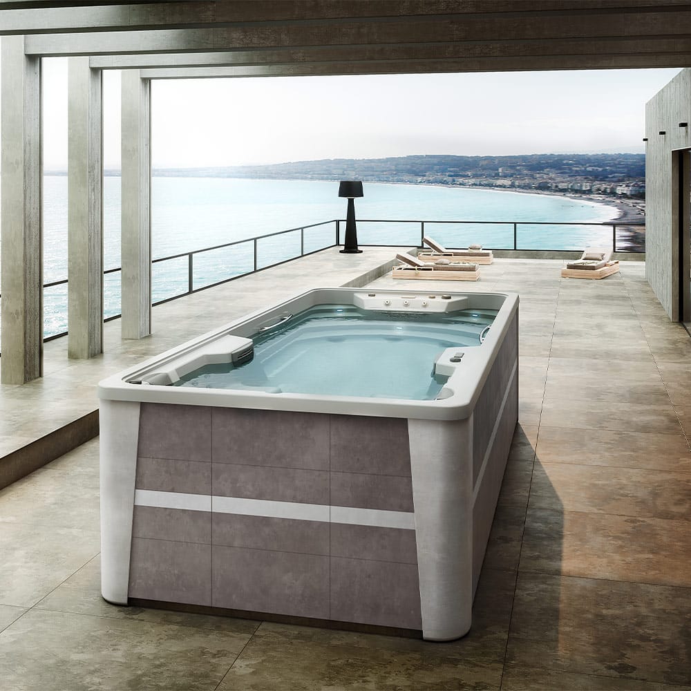 swim spa in floridian balcony with a sea view