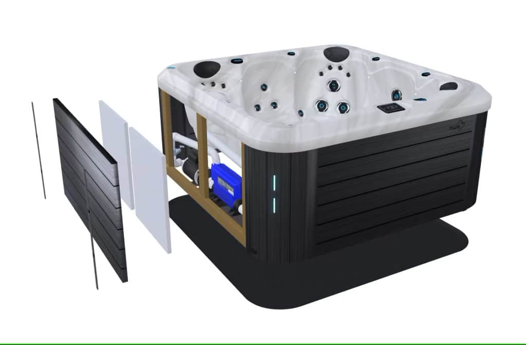 Diagram of how a hot tub works, with labeled internal parts