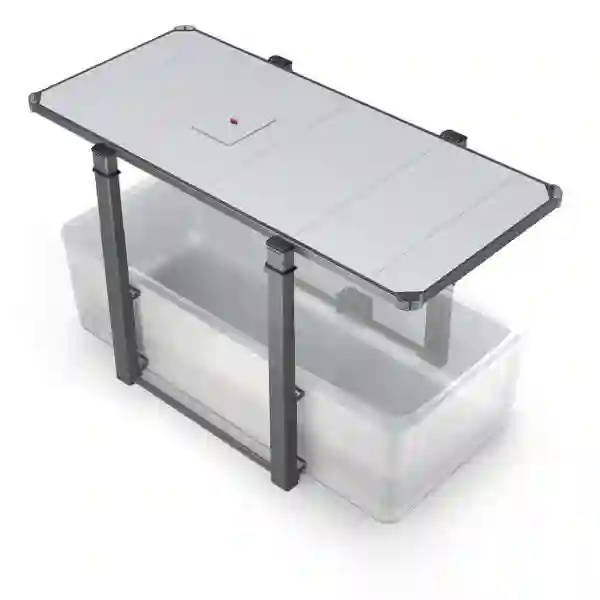 covana-oasis-midnight-color-style Covana Legend Midnight spa cover in deep black finish, raised over a rectangular swim spa with minimal modern landscaping.