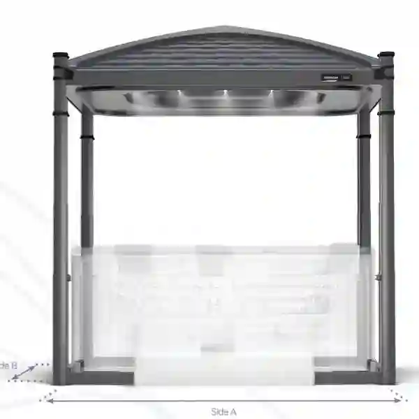 covana-oasis-tile-grey-style Covana Oasis Slate automatic spa gazebo in gray, raised with privacy screens in a landscaped backyard.