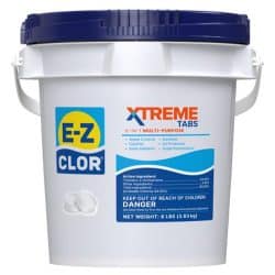 EZ Clor 8 lb pail of 3-inch Xtreme Tabs for pool sanitizing, clarifying, and protection