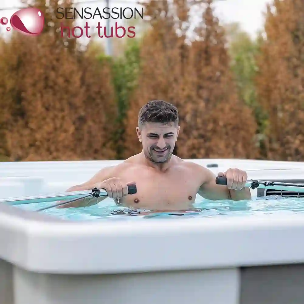 Swim spa with built-in treadmill for low-impact aquatic fitness and therapy