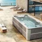 Swim spa in a Florida backyard with swimmer and spa seating under the sun