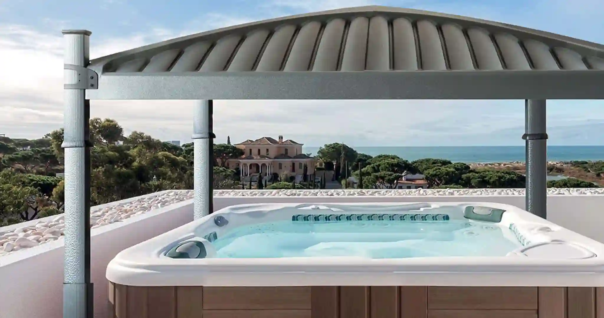 Covana Oasis spa cover closed over a hot tub in a modern backyard