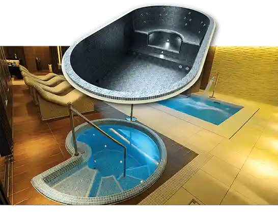 swim spa manufacturer with tiled mosaic and skimmer